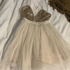 Sequin Bodice Tulle Party Dress in Champagne